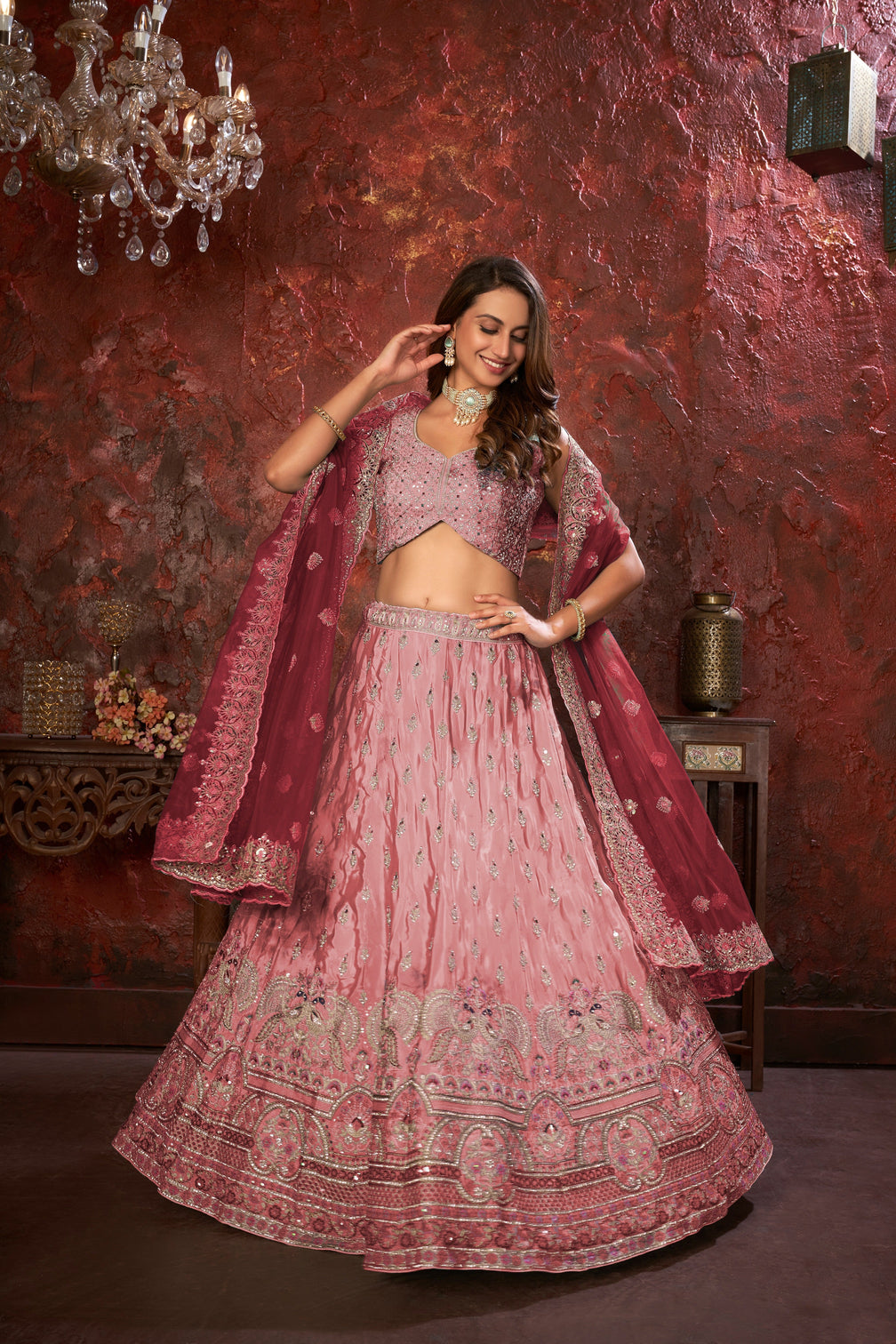 Pink Embroidered Girlish Lehenga Choli Set