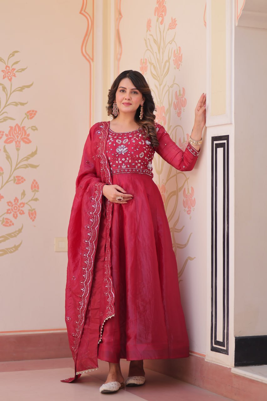 Pink Embroidered Gown with Dupatta