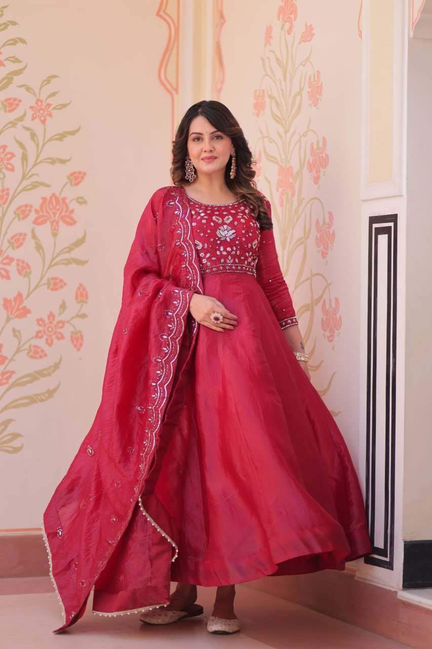 Pink Embroidered Gown with Dupatta