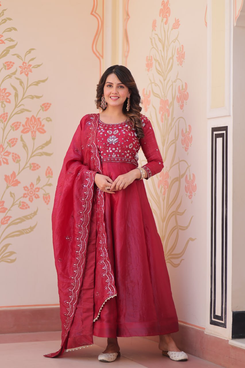 Pink Embroidered Gown with Dupatta