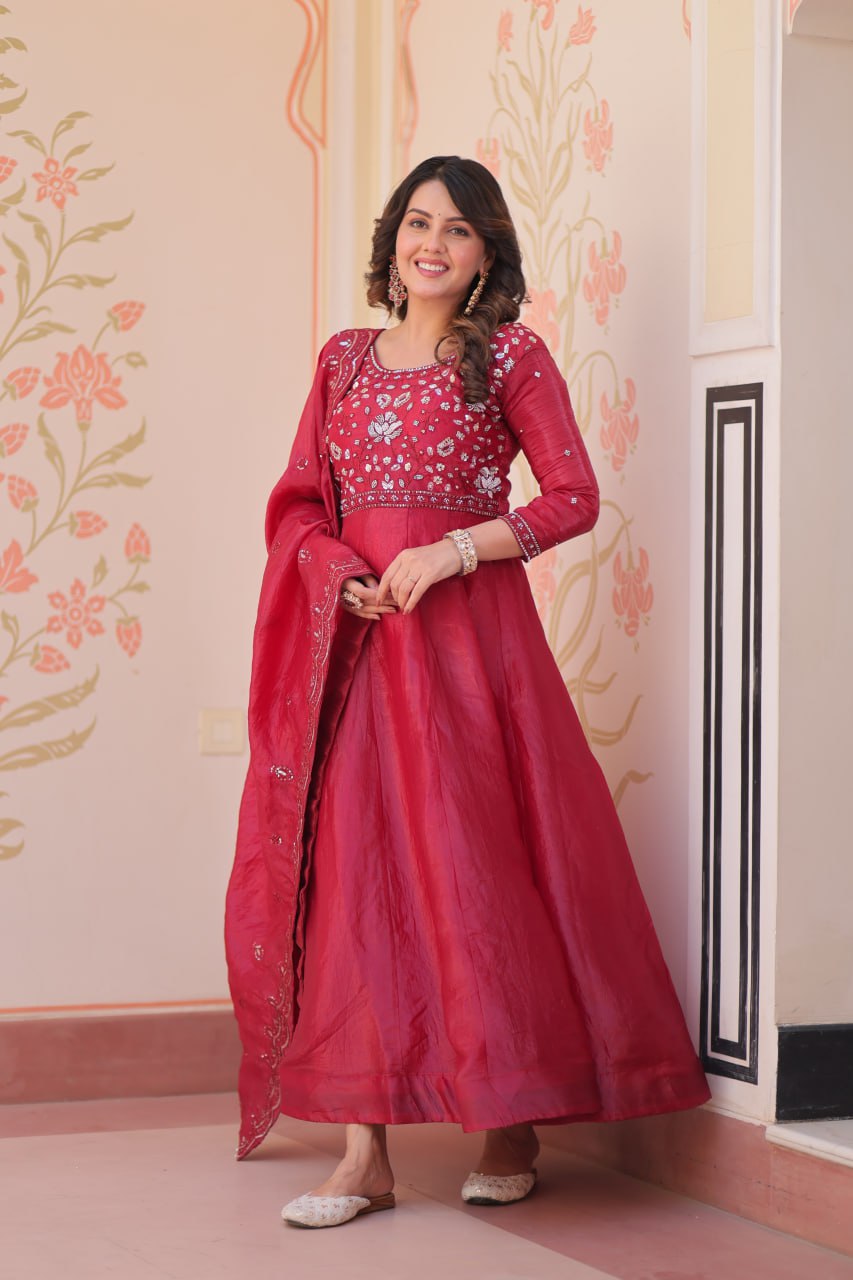 Pink Embroidered Gown with Dupatta