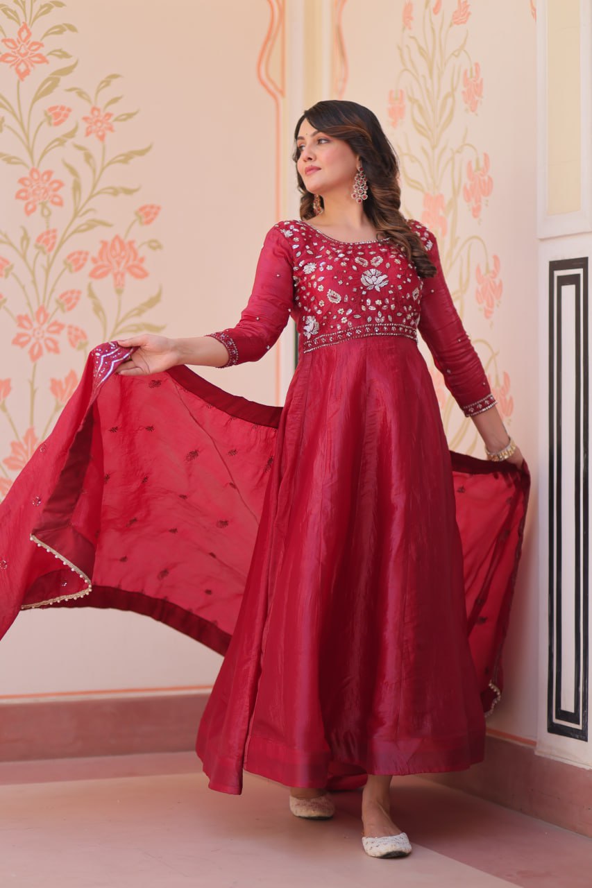 Pink Embroidered Gown with Dupatta