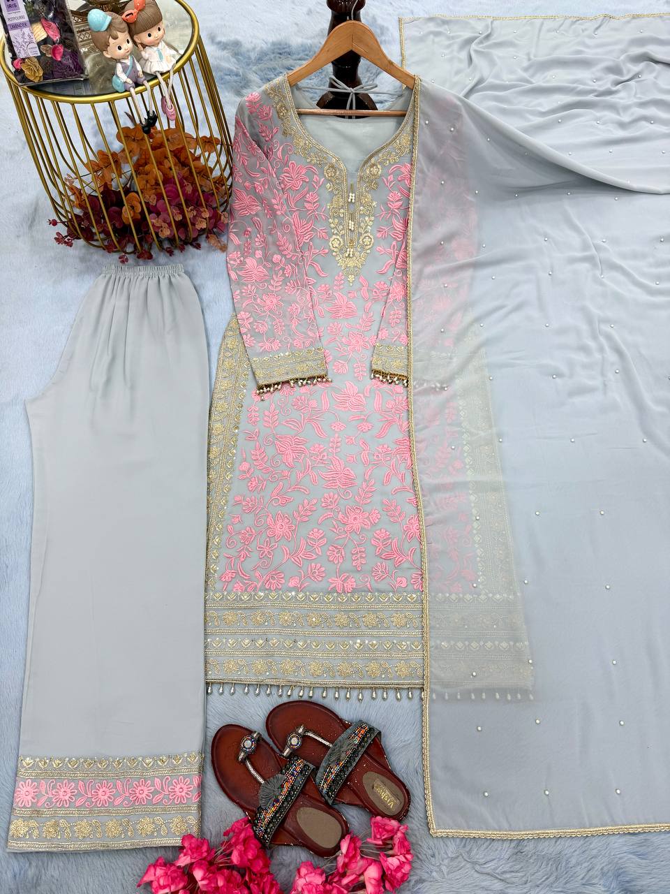 Pink Embroidered Kurta Palazzo Set