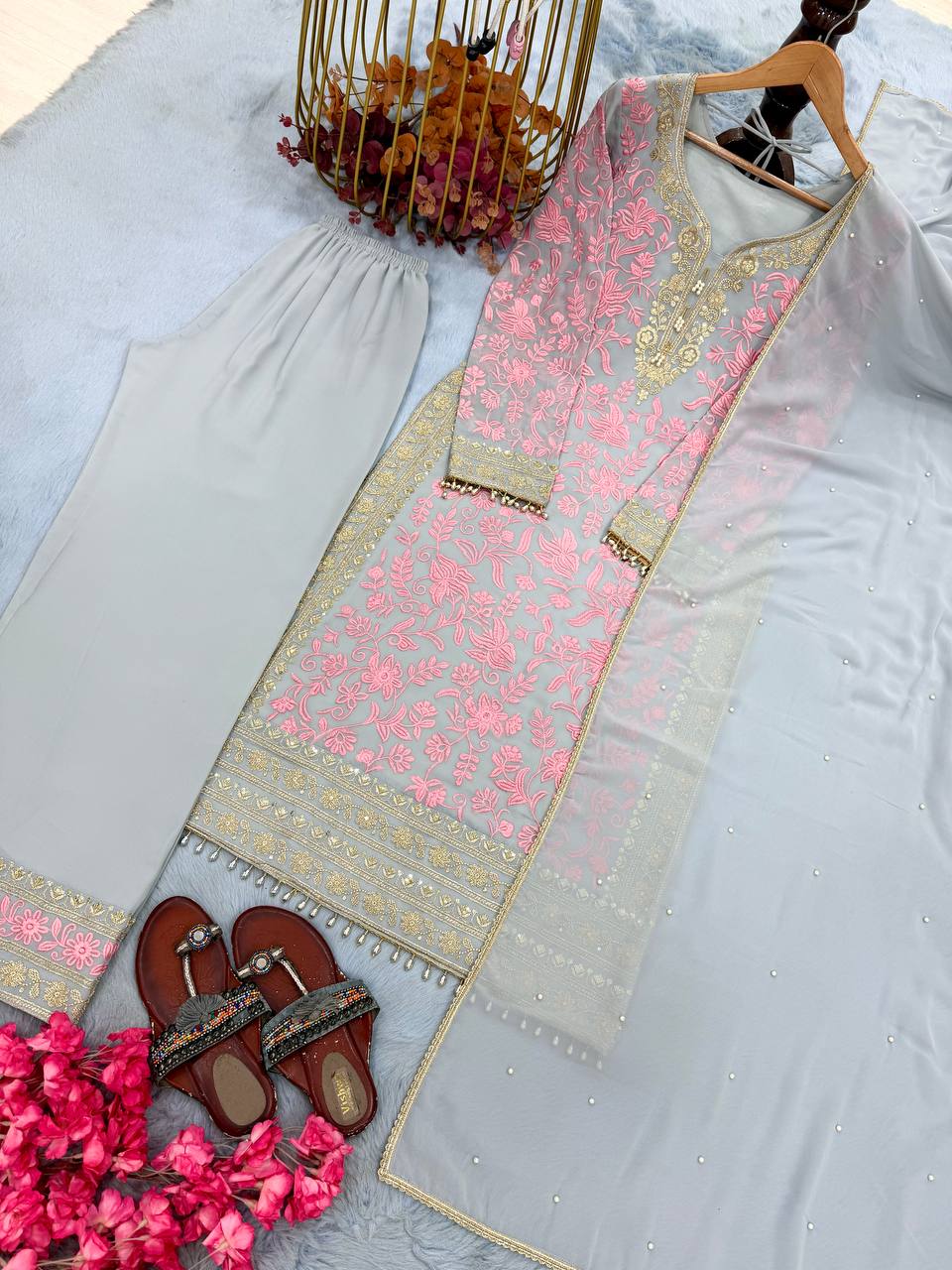 Pink Embroidered Kurta Palazzo Set