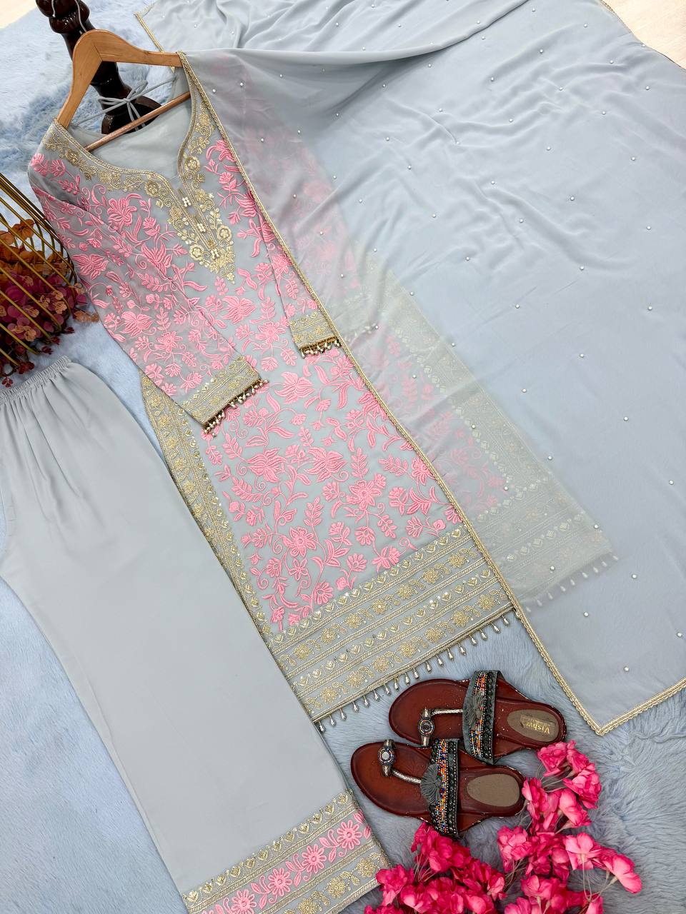Pink Embroidered Kurta Palazzo Set