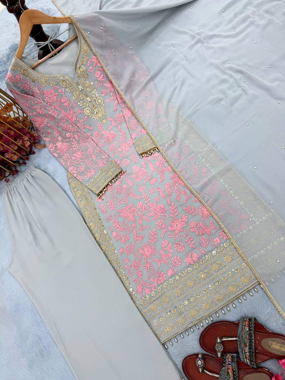 Pink Embroidered Kurta Palazzo Set