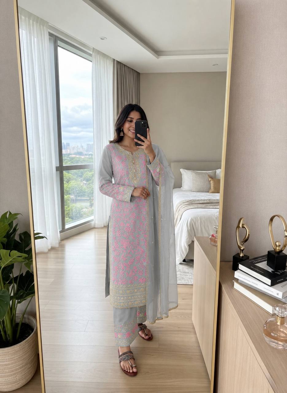 Pink Embroidered Kurta Palazzo Set