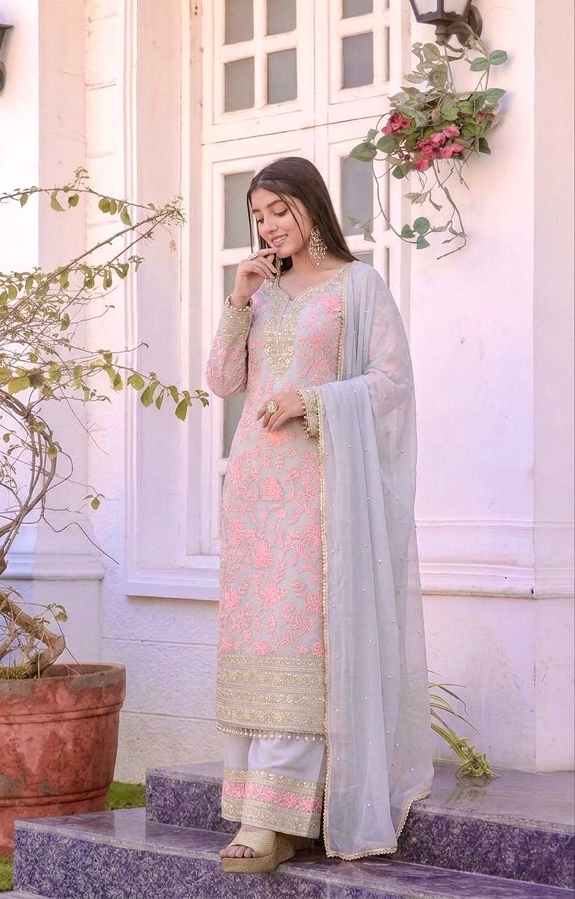Pink Embroidered Kurta Palazzo Set