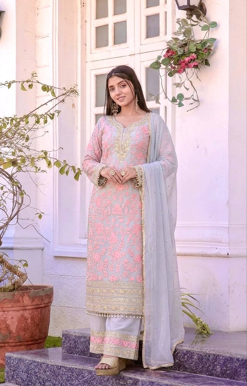 Pink Embroidered Kurta Palazzo Set