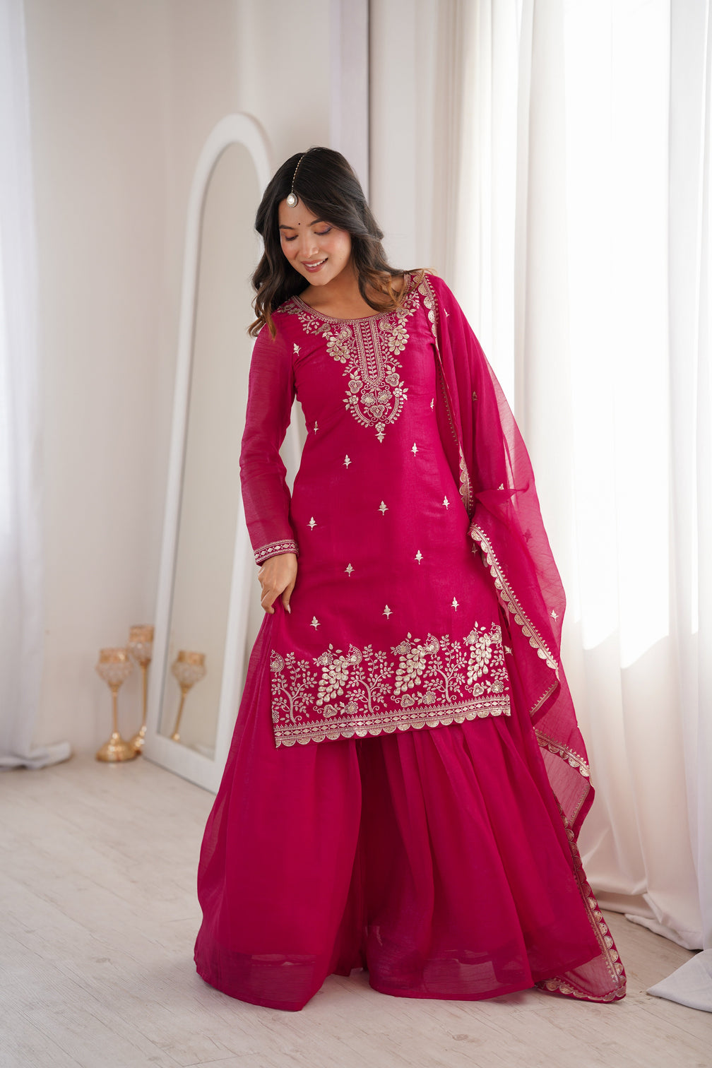 Pink Embroidered Kurta Sharara Set
