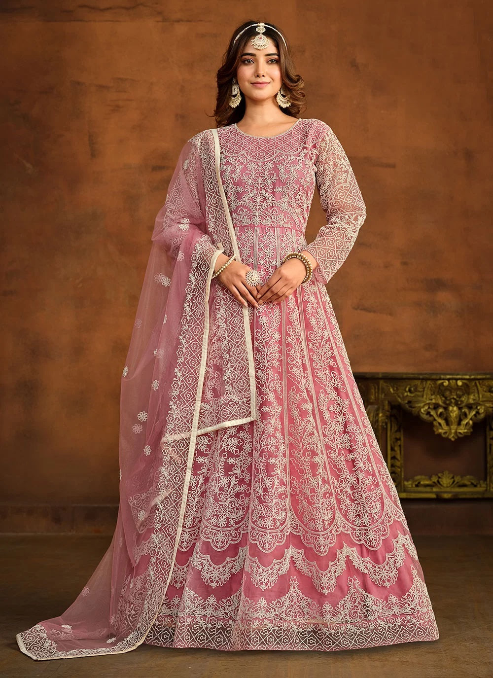 Pink embroidered net anarkali salwar suit