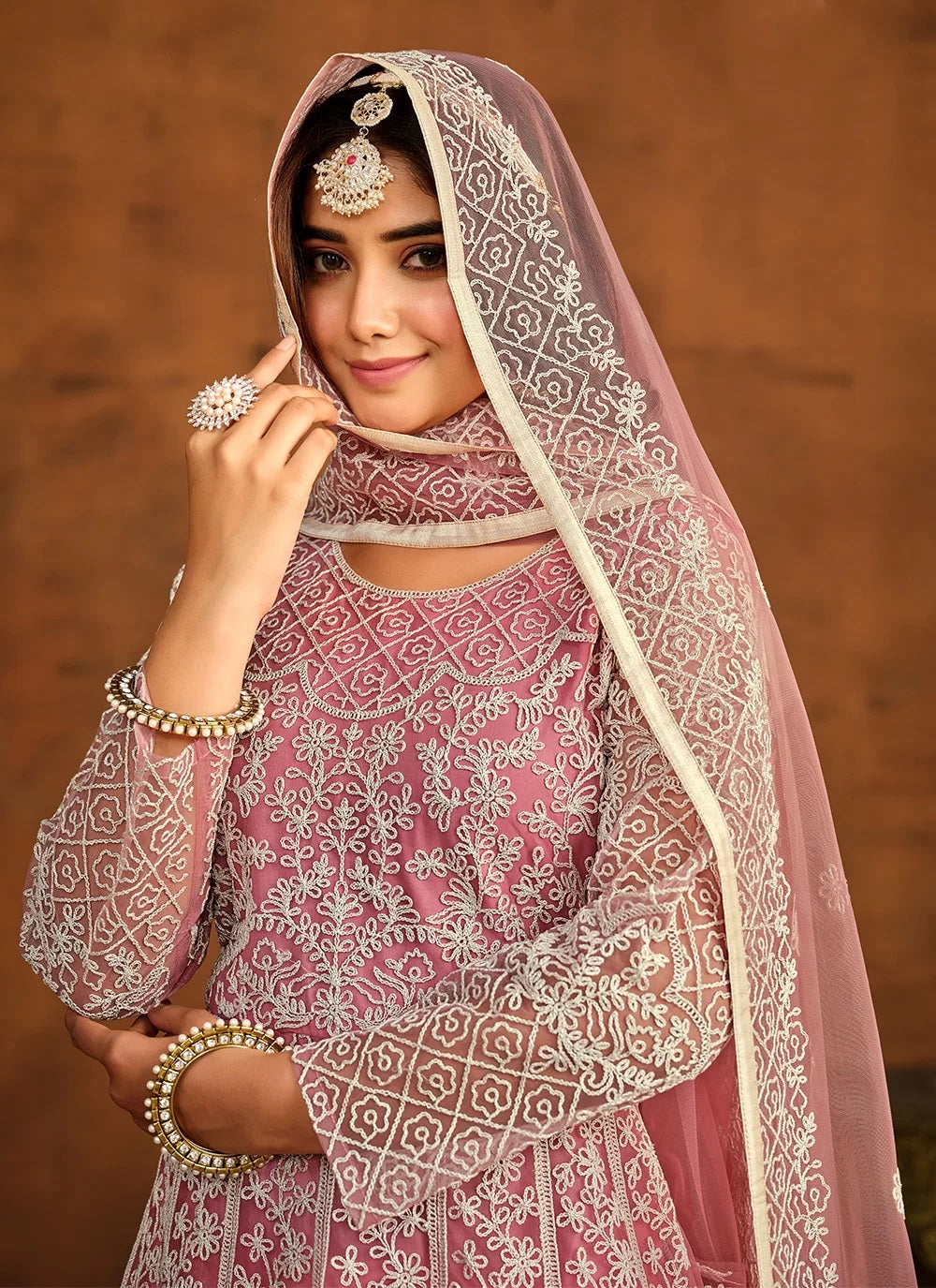 Pink embroidered net anarkali salwar suit
