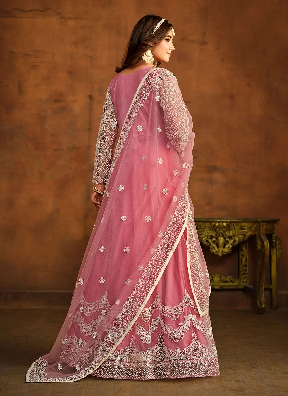 Pink embroidered net anarkali salwar suit