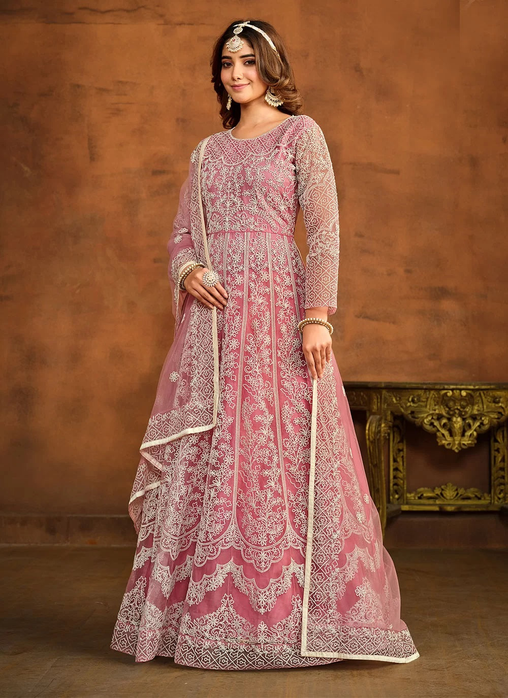 Pink embroidered net anarkali salwar suit