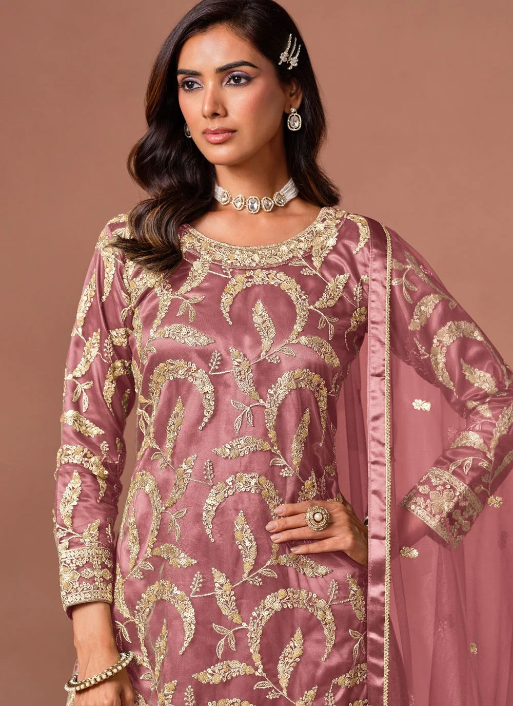 Pink embroidered palazzo suit with sequins zari work