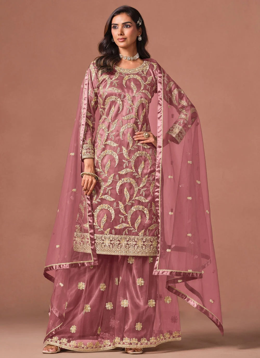 Pink embroidered palazzo suit with sequins zari work