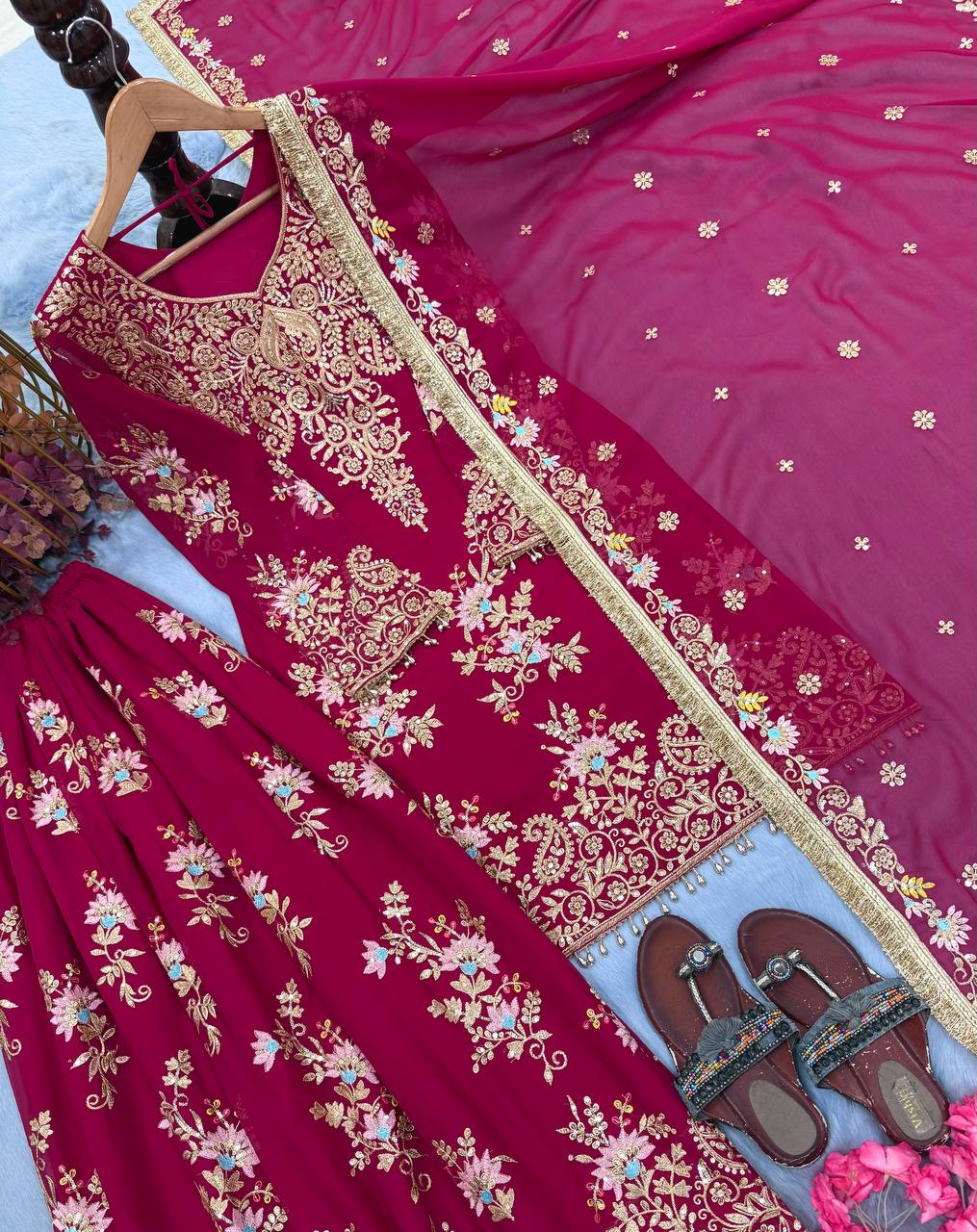 Pink Embroidered Sequin Palazzo Suit