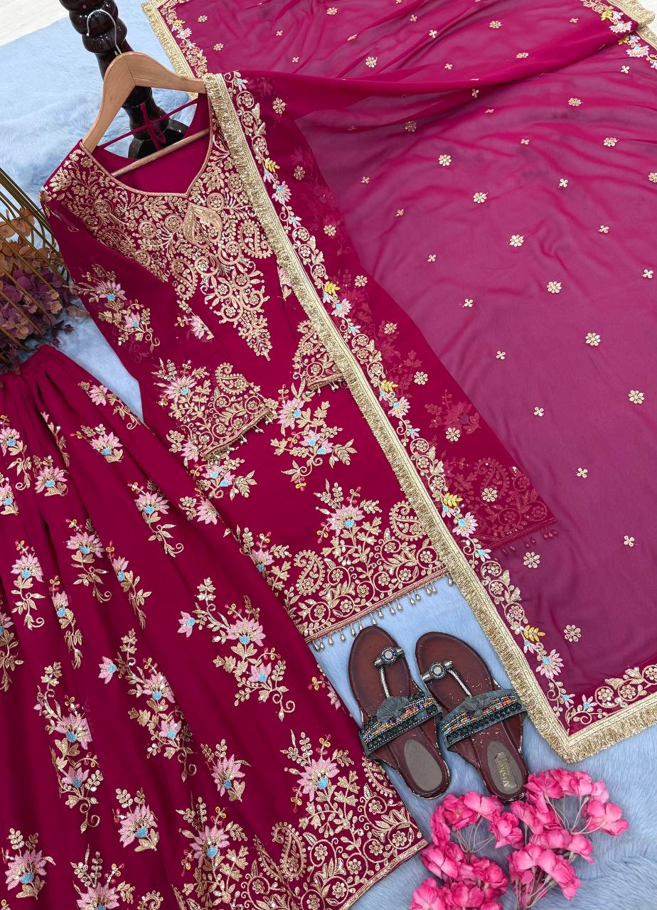 Pink Embroidered Sequin Palazzo Suit