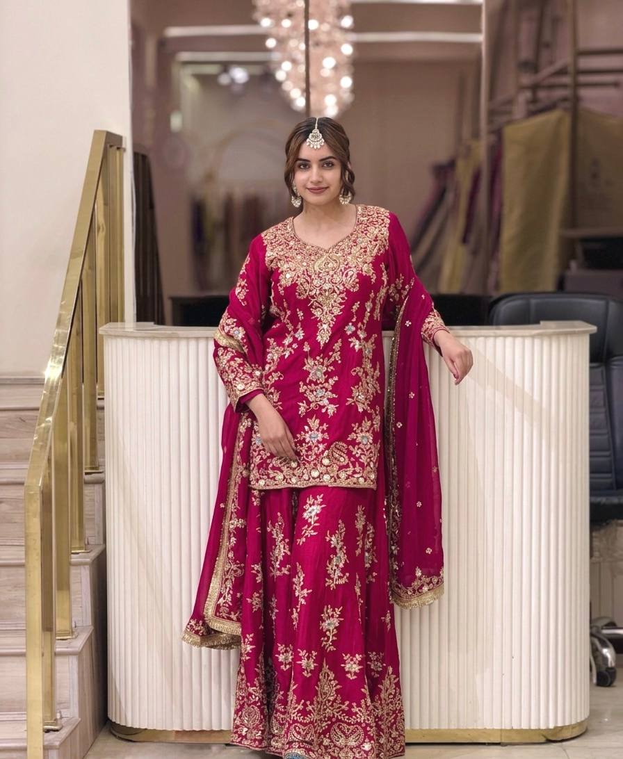 Pink Embroidered Sequin Palazzo Suit