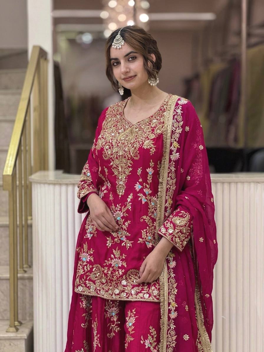 Pink Embroidered Sequin Palazzo Suit