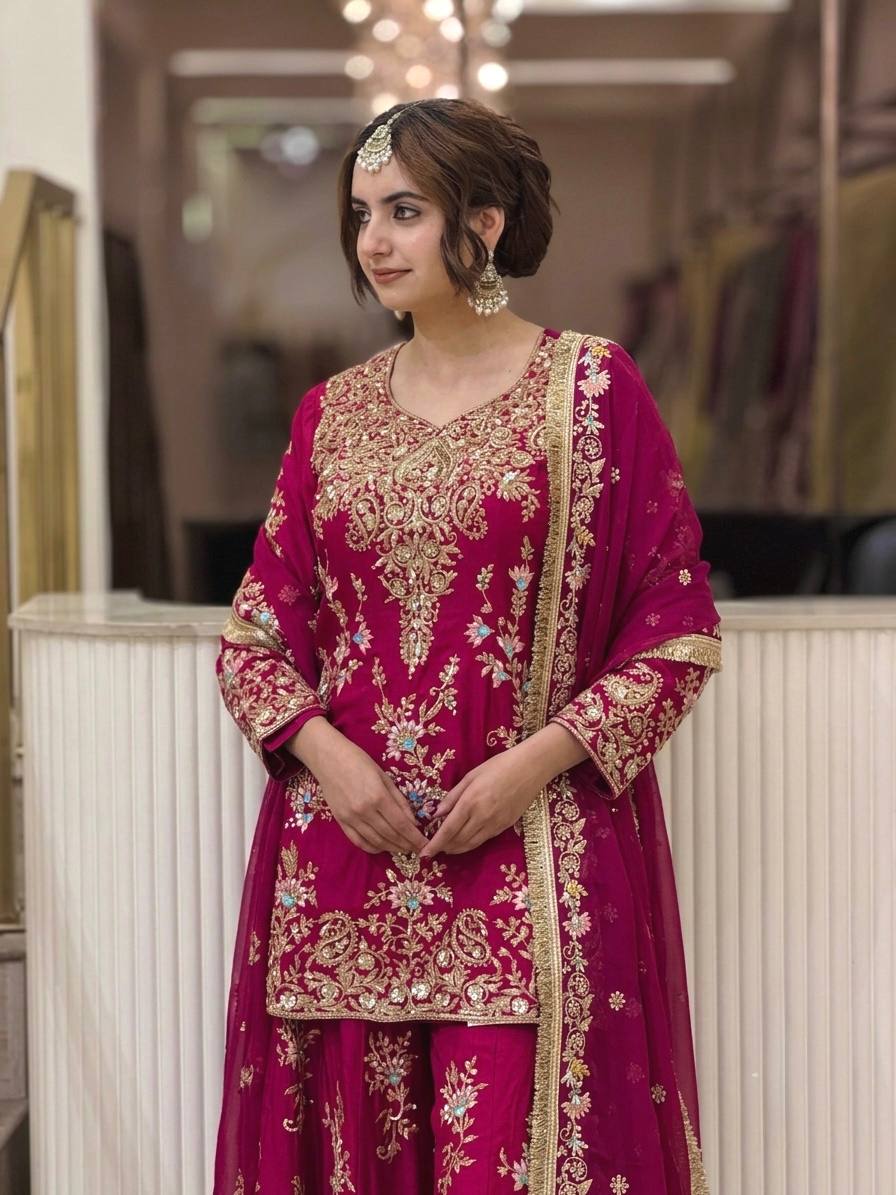 Pink Embroidered Sequin Palazzo Suit