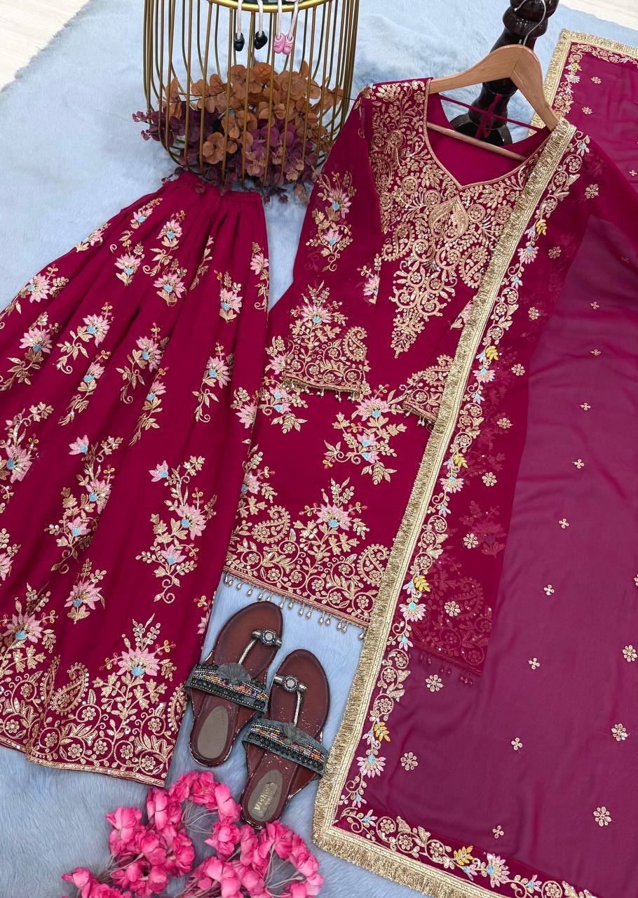 Pink Embroidered Sequin Palazzo Suit