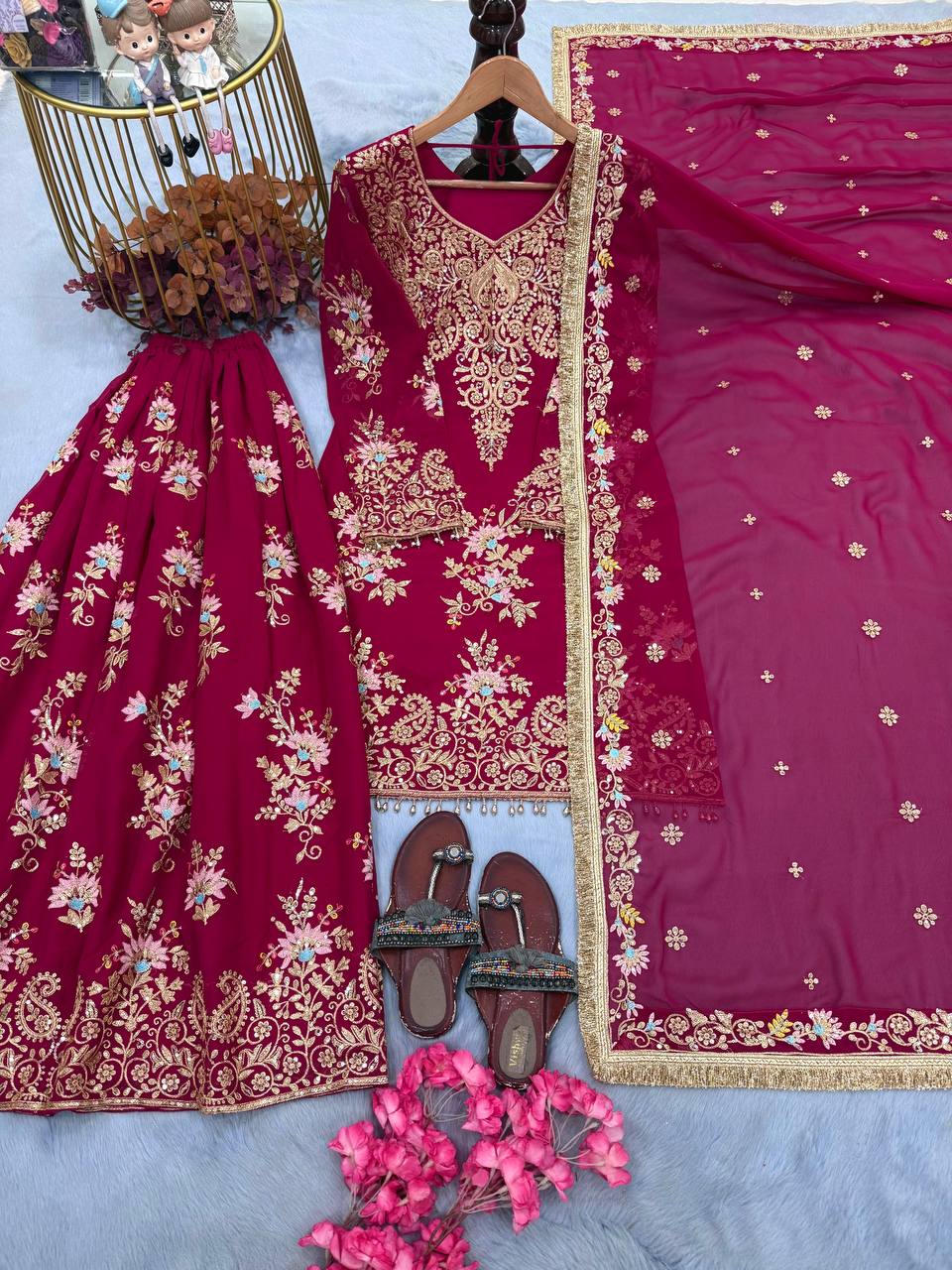 Pink Embroidered Sequin Palazzo Suit