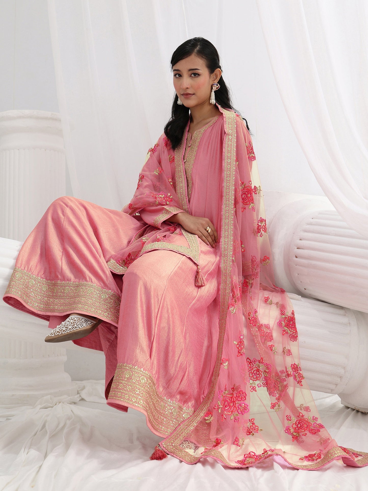 Libas Pink Embroidered Silk A-Line Gown With Dupatta