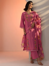 Libas Pink Embroidered Silk Blend Straight Suit Set With Dupatta