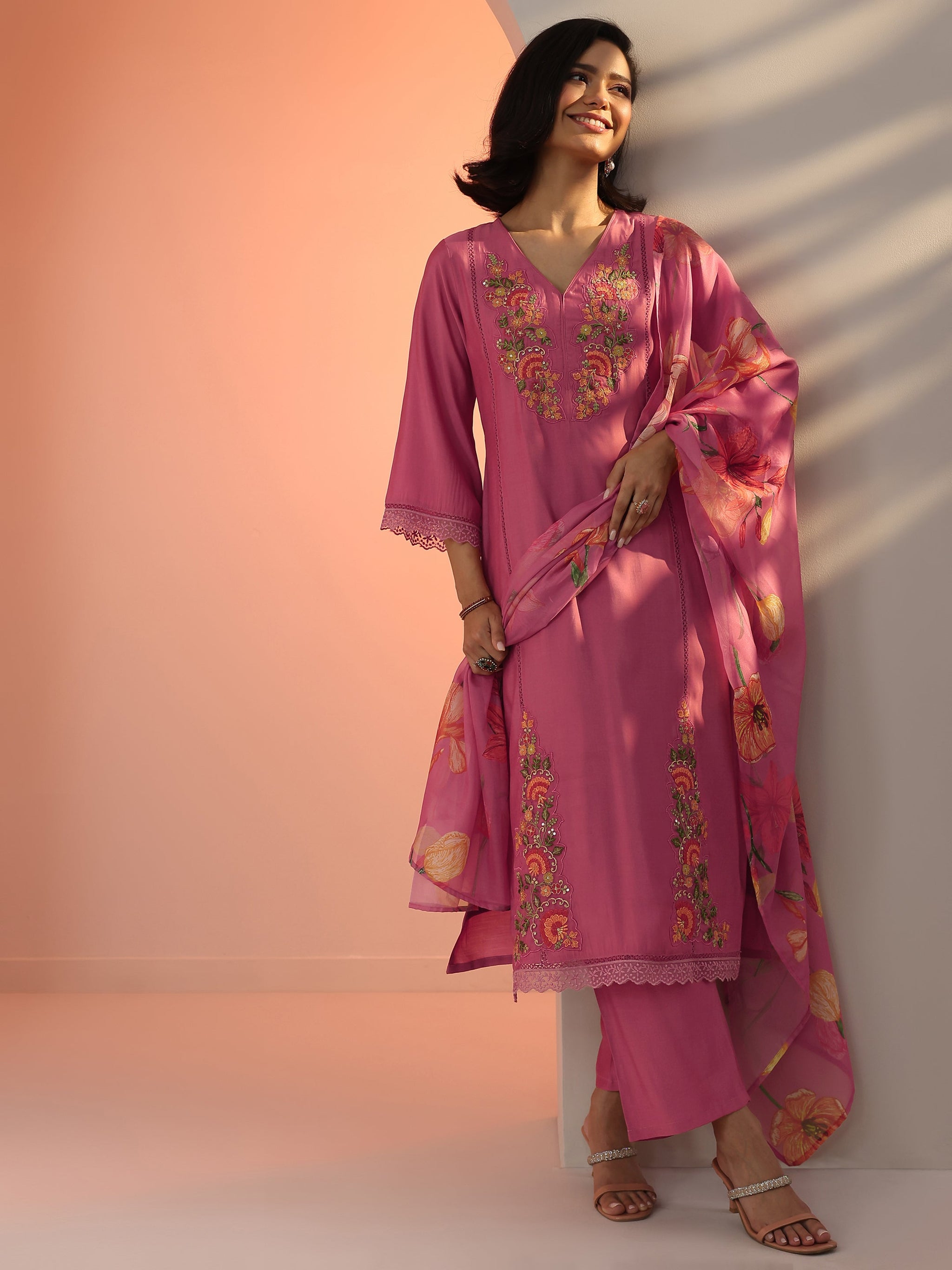 Libas Pink Embroidered Silk Blend Straight Suit Set With Dupatta