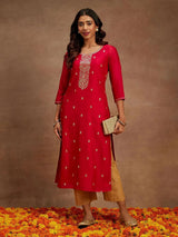 Libas Pink Embroidered Silk Straight Kurta
