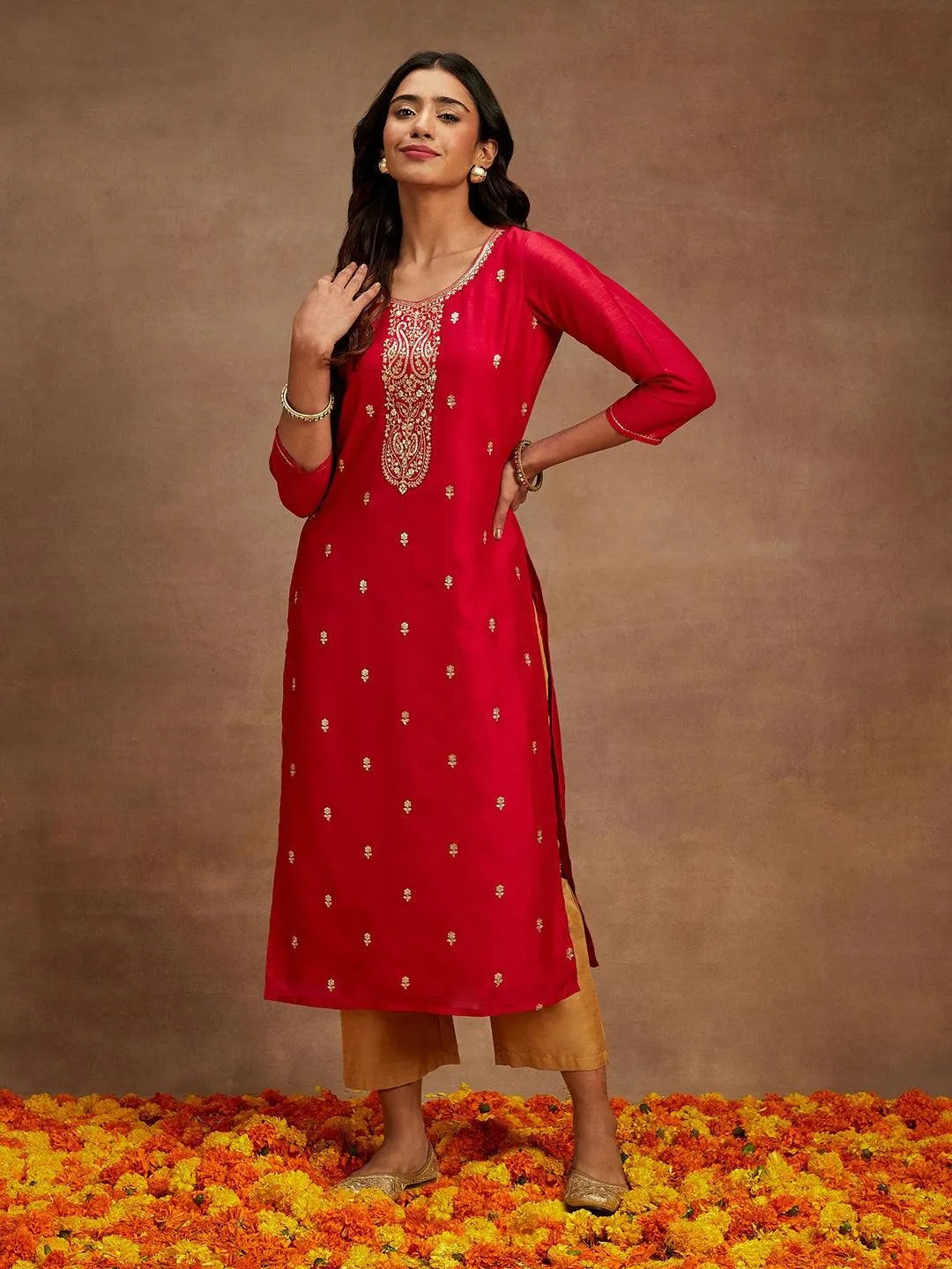 Libas Pink Embroidered Silk Straight Kurta