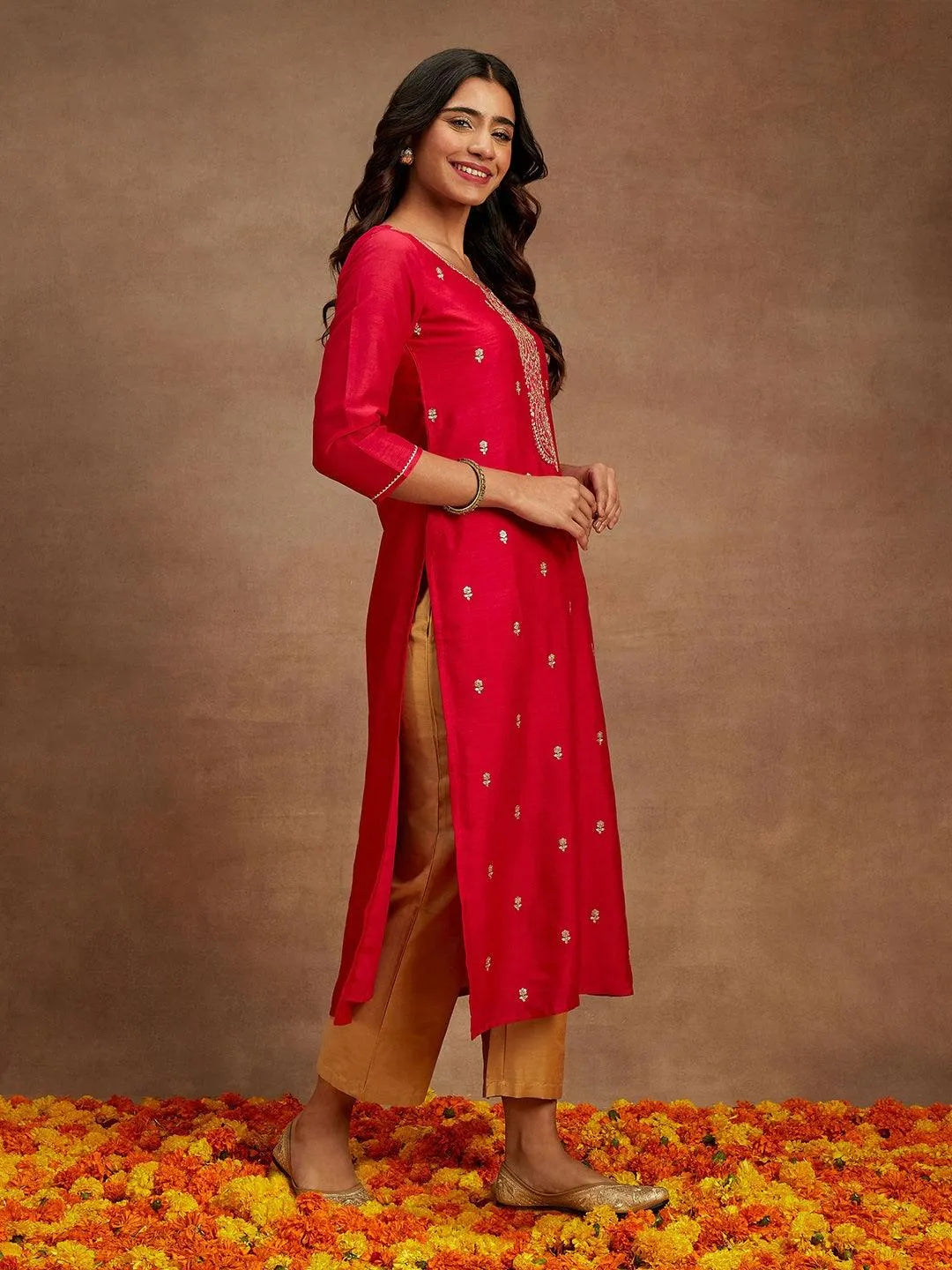 Libas Pink Embroidered Silk Straight Kurta