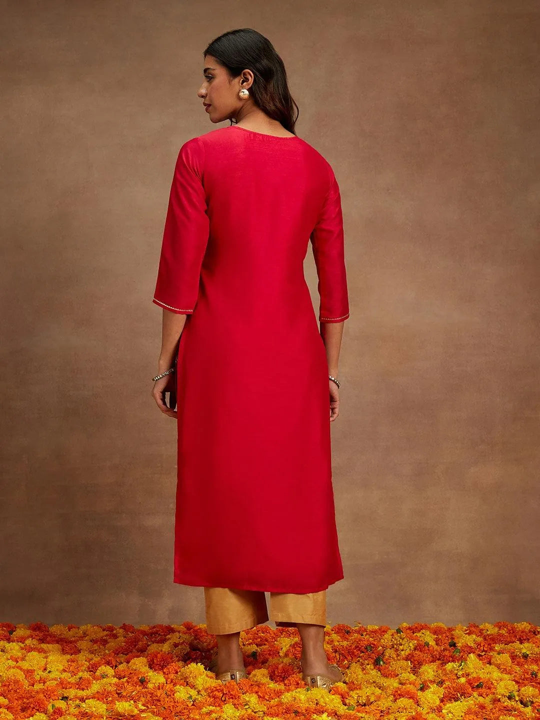 Libas Pink Embroidered Silk Straight Kurta