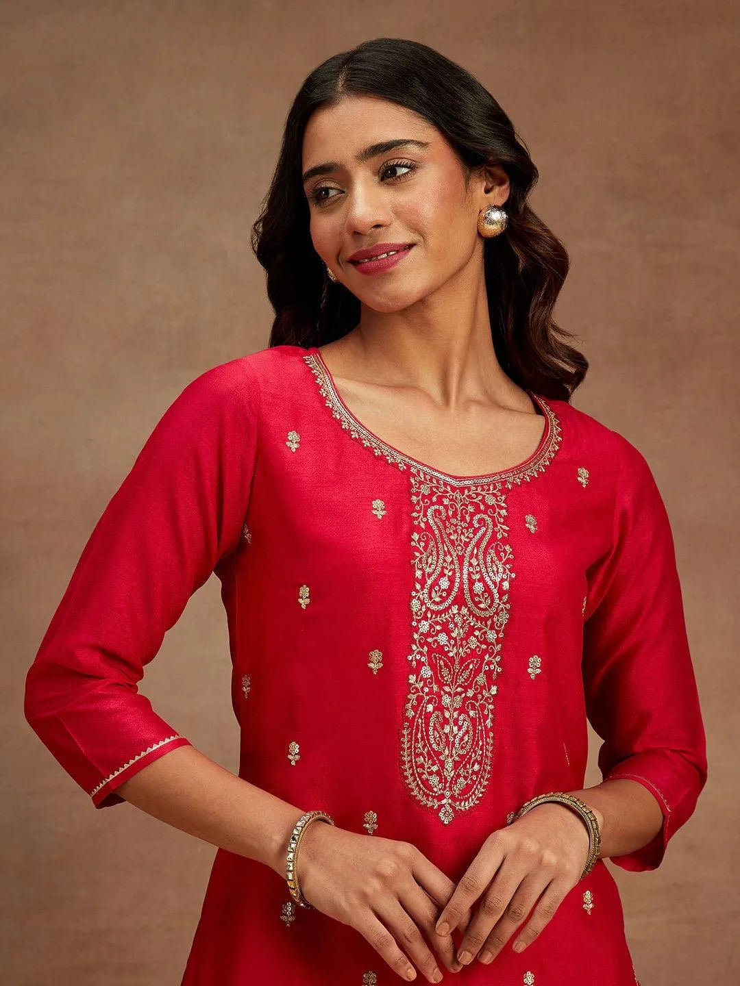 Libas Pink Embroidered Silk Straight Kurta