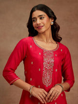 Libas Pink Embroidered Silk Straight Kurta