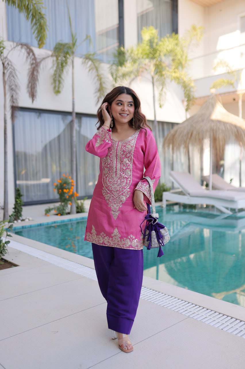 Pink Embroidered Top Pant with Batwa