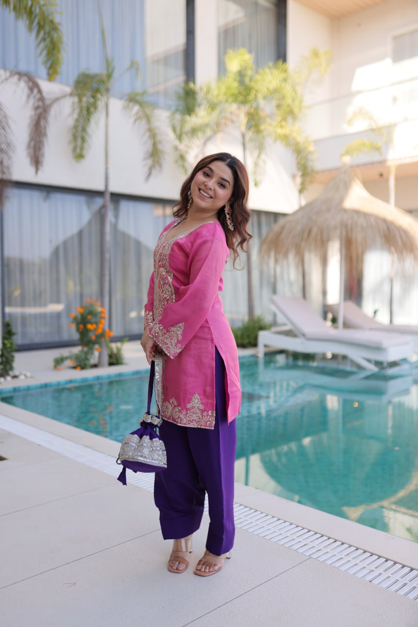 Pink Embroidered Top Pant with Batwa