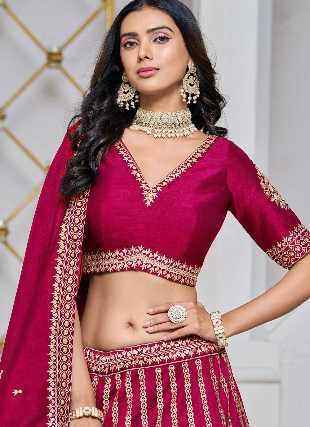 Rani pink lehenga for wedding in art silk with embroidery