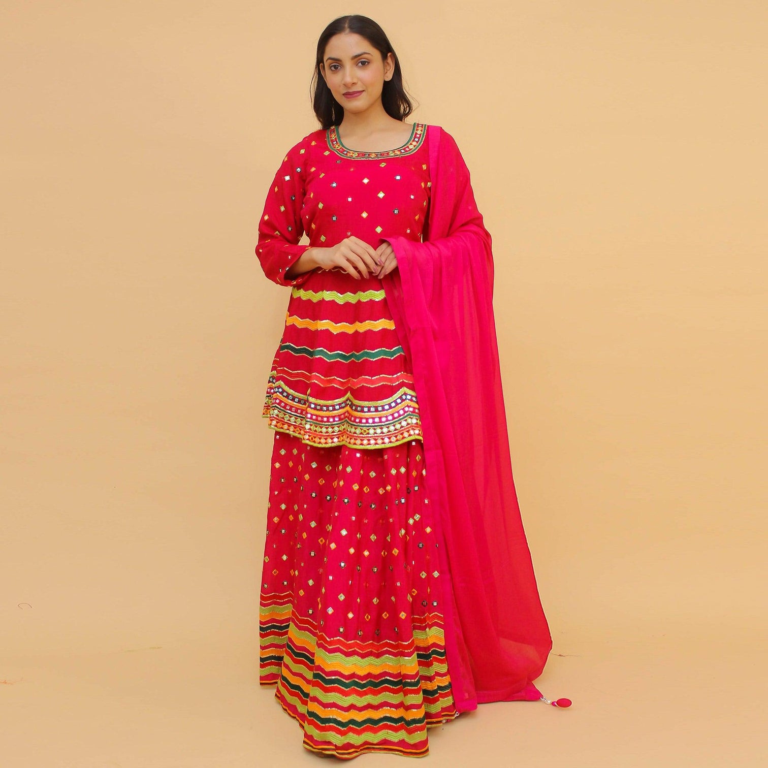 Pink Embroidered With Embellished Art Silk Lehenga Kameez