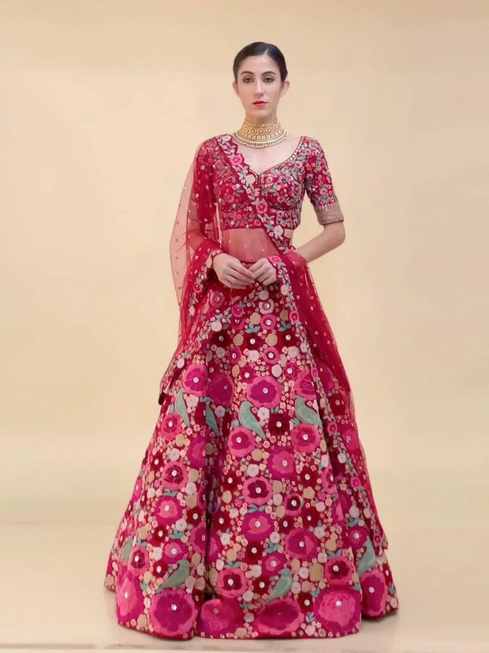 Pink Enchanting Tapeta Velvet Lehenga with Chainstitch Embroidery & Sequins Work