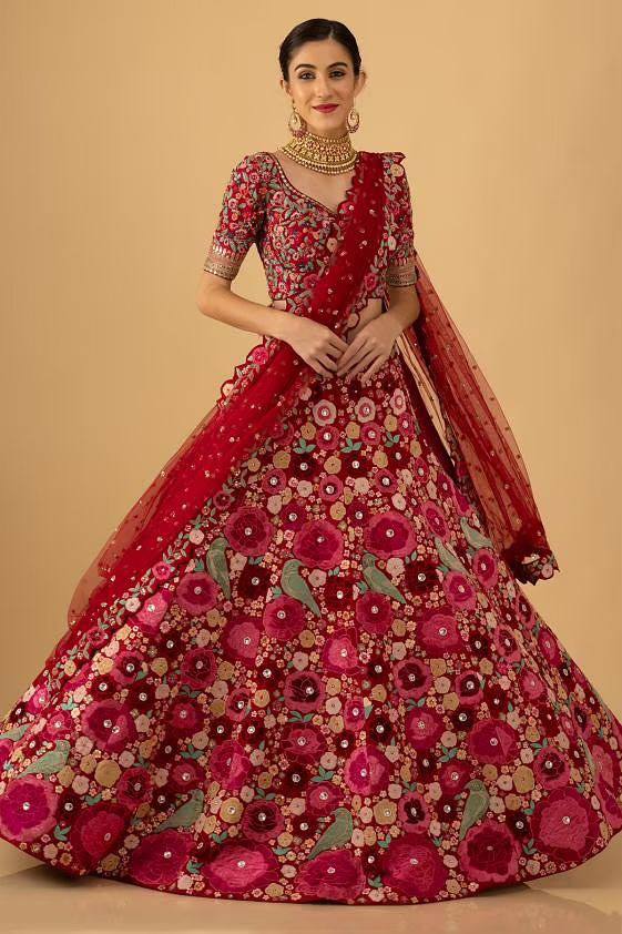 Pink Enchanting Tapeta Velvet Lehenga with Chainstitch Embroidery & Sequins Work