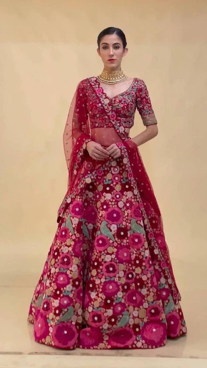 Pink Enchanting Tapeta Velvet Lehenga with Chainstitch Embroidery & Sequins Work