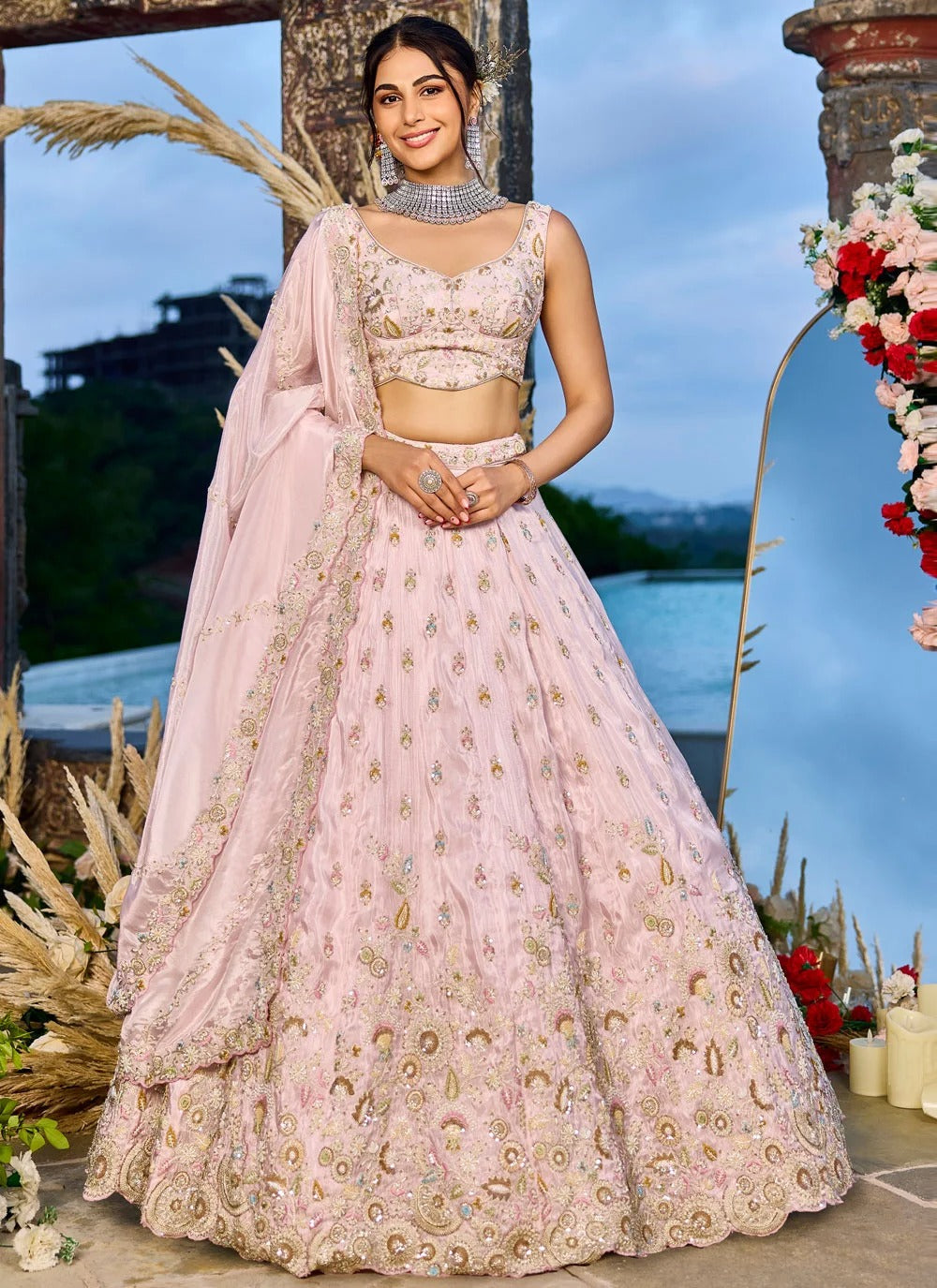 Pink tissue engagement lehenga with sequins coding embroidery work