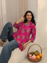 Libas Pink Ethnic Printed Silk Blend A-Line Short Kurti