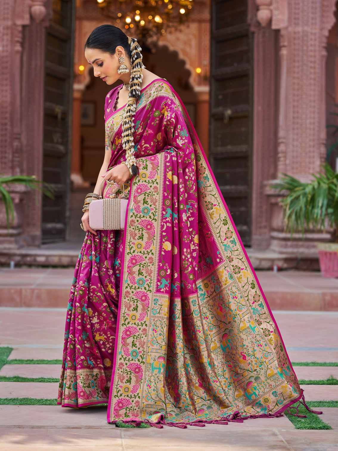 Pink Exquisite Banarasi Jacquard Art Silk Saree with Matching Border Blouse – Perfect for Weddings