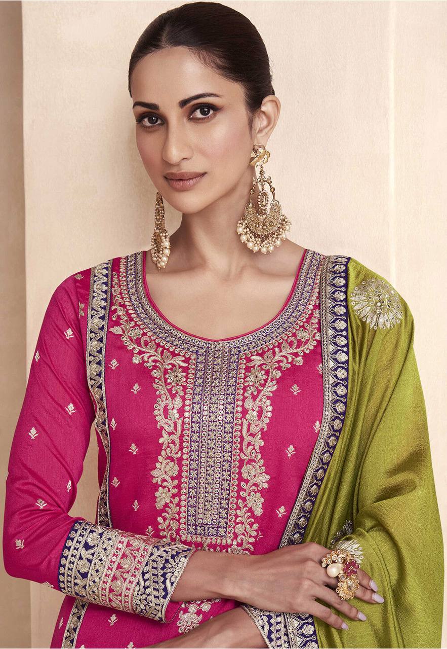 Pink Exquisite Heavy Vichitra Silk Embroidered Suit Set with Dupatta