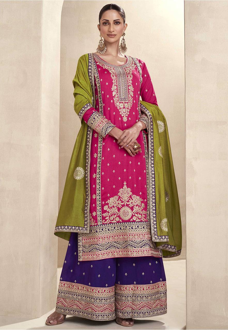 Pink Exquisite Heavy Vichitra Silk Embroidered Suit Set with Dupatta