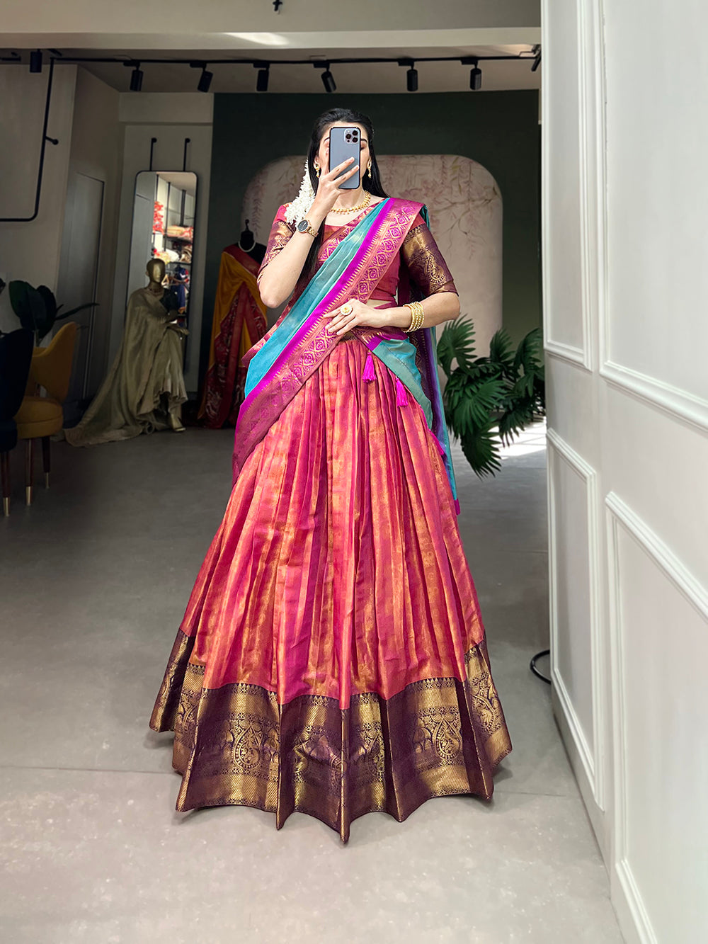 Pink Exquisite Kanjivaram Silk Lehenga Choli with Zari Weaving