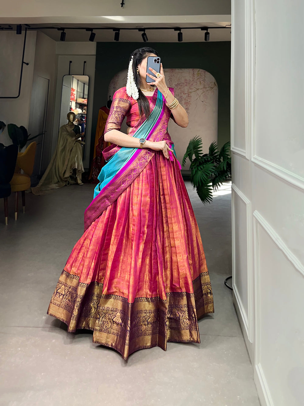 Pink Exquisite Kanjivaram Silk Lehenga Choli with Zari Weaving